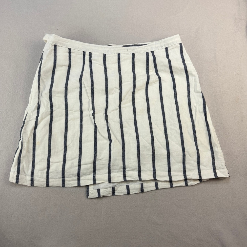 Abercrombie & Fitch Linen Blend Striped Wrap Mini Skirt white Navy Blue Large - Picture 2 of 8